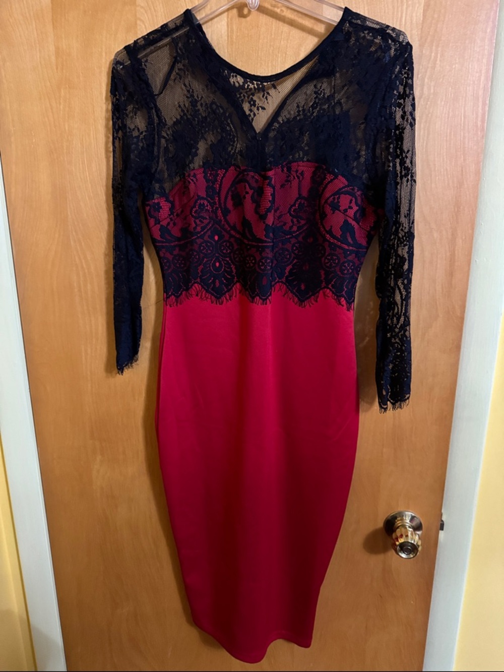 Black Lace & Red Bodycon Midi Dress